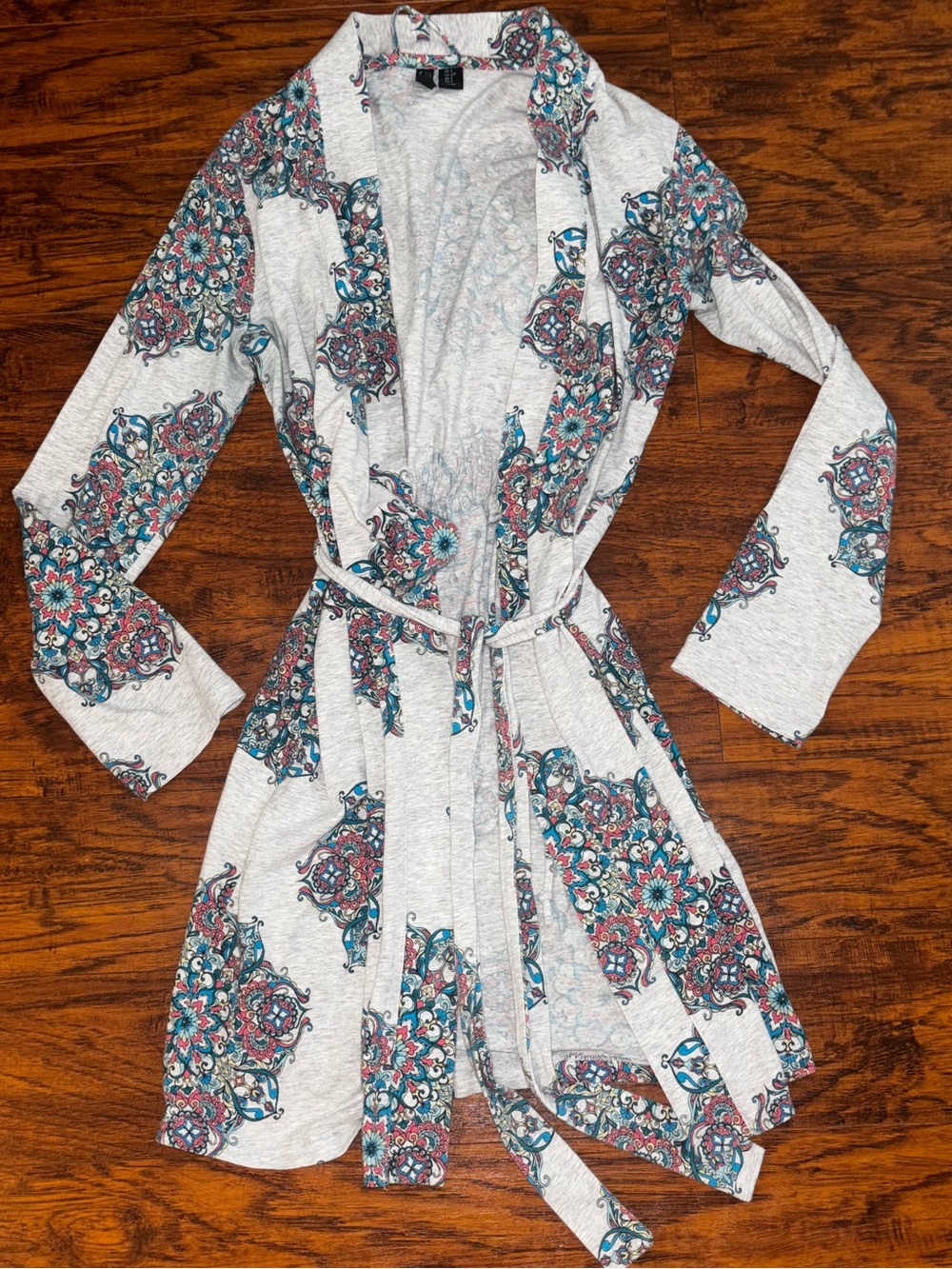 Cynthia Rowley Tie-Waist Wrap Cardigan Long Sleeve Gray Teal Floral Cotton Robe